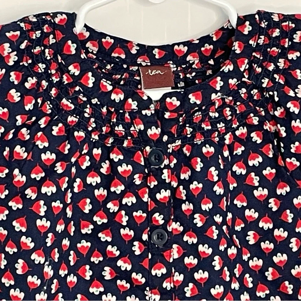 Tea Collection Cotton Floral Print Prairie Smocked Button Down Blouse size 2